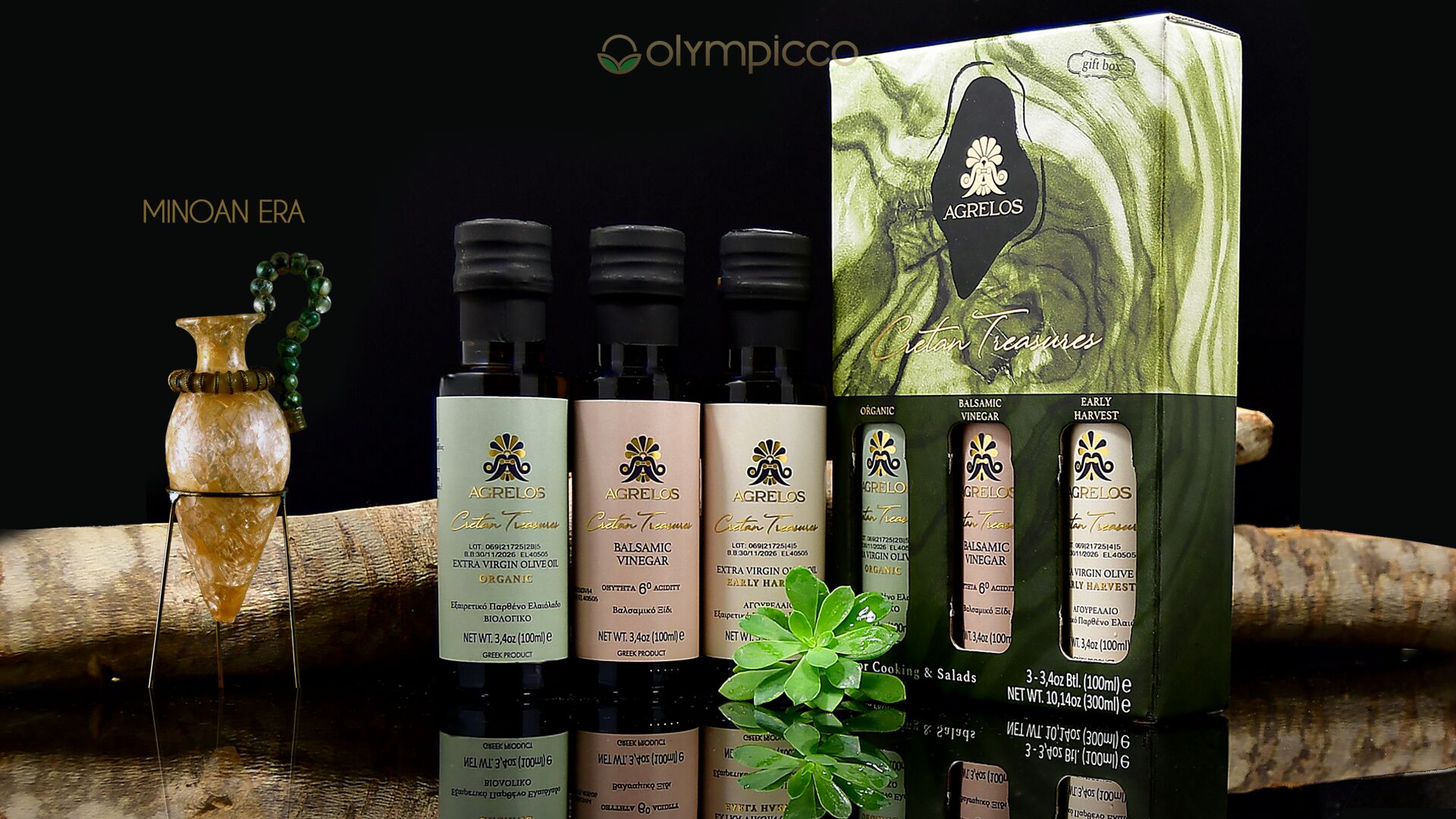 Agrelos - Cretan Treasures Olive Oil   & Balsamic Vinegar   Premium 3-Pack Gift Set